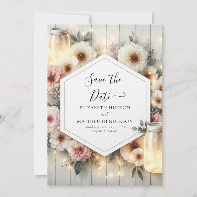 Moderne botanische Mason Jar Wedding Save The Date (Vorderseite)