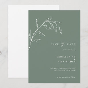 Moderne Botanische Minimale Blatt Hochzeit Salbei Save The Date
