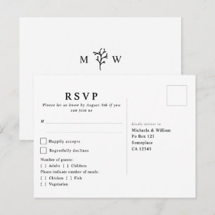 Moderne botanische Monogramm-Hochzeits-RSVP Postkarte