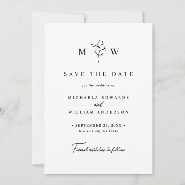Moderne Botanische Monogramm-Initialen Hochzeit Save The Date (Vorderseite)