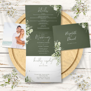 Moderne botanische Oliven-Grün-Foto-Hochzeit Dreifach Gefaltete Einladung