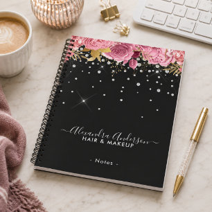 Moderne Botanische Rosa Blumen Diamanten Glitter Notizbuch
