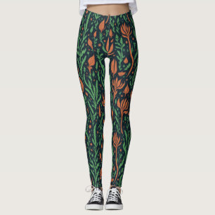 Moderne botanische rote grüne Blätter Blumenmuster Leggings