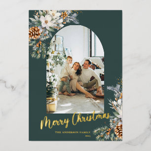 Moderne botanische Weihnachtsgrün & Foto Folien Feiertagskarte