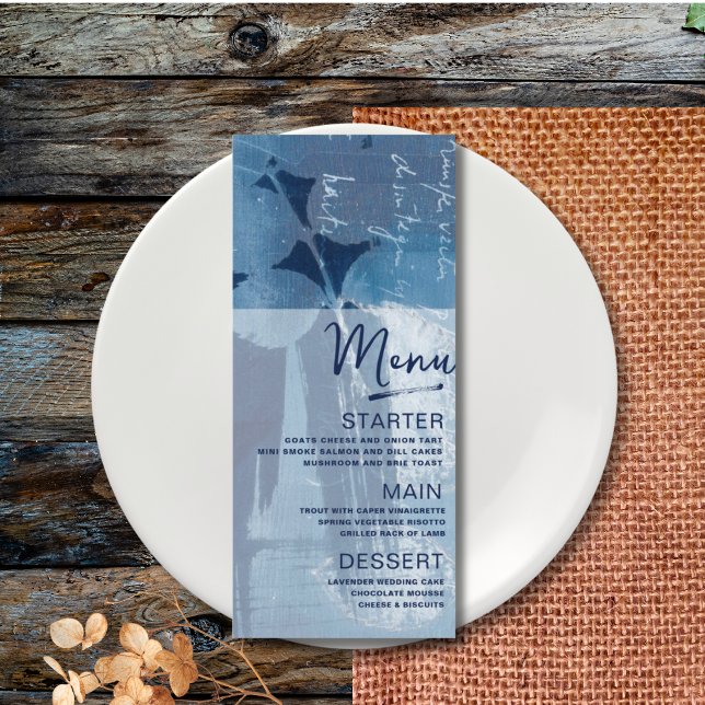 Moderne botanische Zyanblau-Hochzeit Menükarte (Von Creator hochgeladen)