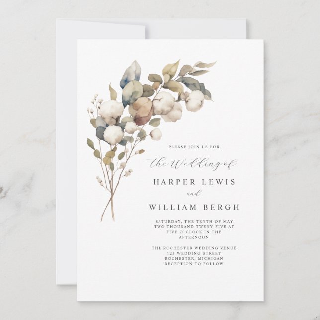 Moderne Bouquet Aquarellbaumwolle qr Code Hochzeit Einladung (Vorderseite)