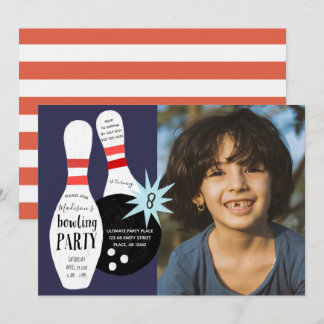 Moderne Bowling Blue & Red Birthday Party Einladung