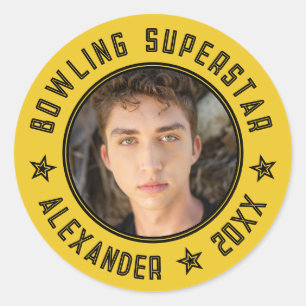 Moderne Bowling Superstar Gelber Name Foto Datum Runder Aufkleber