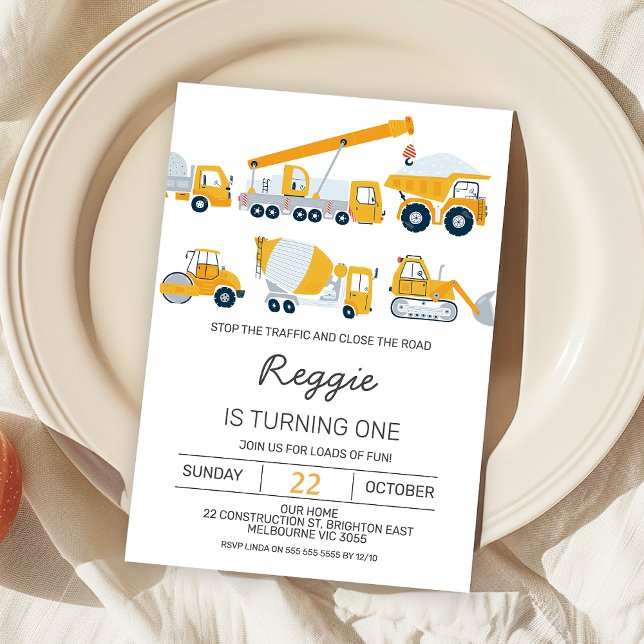 Moderne Boys Bau Fahrzeuge Geburtstag Einladung (Editable Construction 1st Birthday Invitation Boy, Any Age Modern Construction Birthday Invite,   )