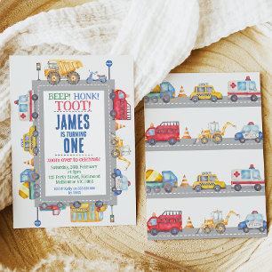 Moderne Boys Road Transport 1. Geburtstag Einladun Einladung