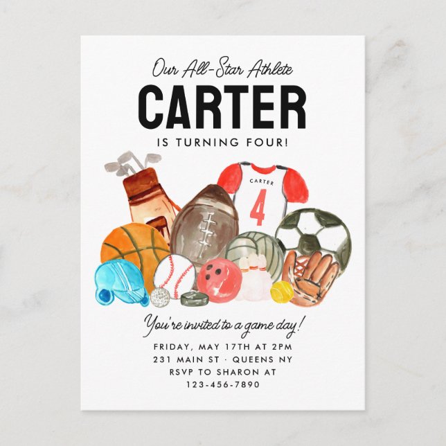 Moderne Boys Sportballs Alle Star Kindergeburtstag Postkarte (Vorderseite)