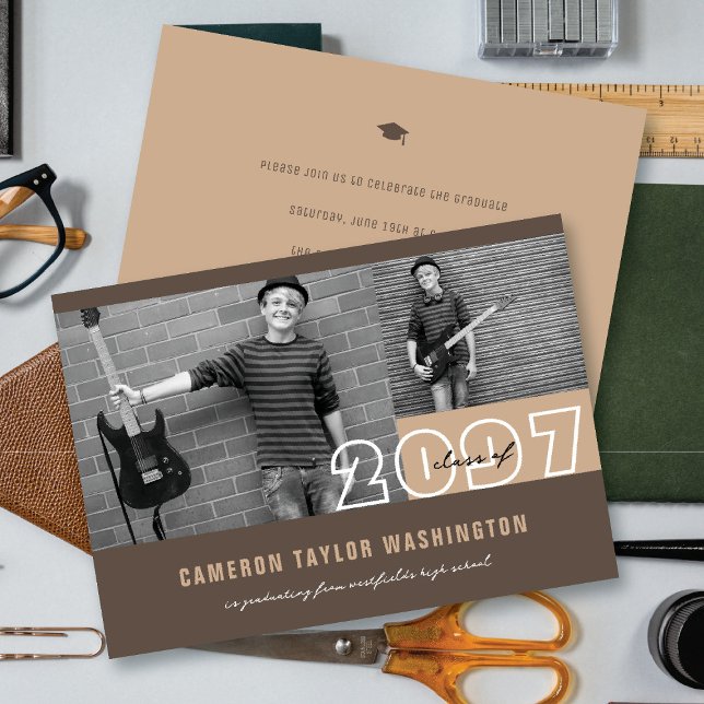 Moderne Braun-2-Foto-Block-Einfache Graduierungspa Einladung (Modern Brown 2 Photo Blocks Simple Graduation Announcement & Party Invitation @ fatfatin)