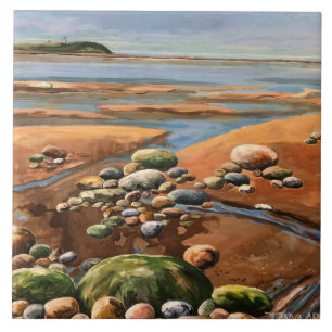 Moderne Braun-/Grün-Töne Strand Meer Szene Fliese