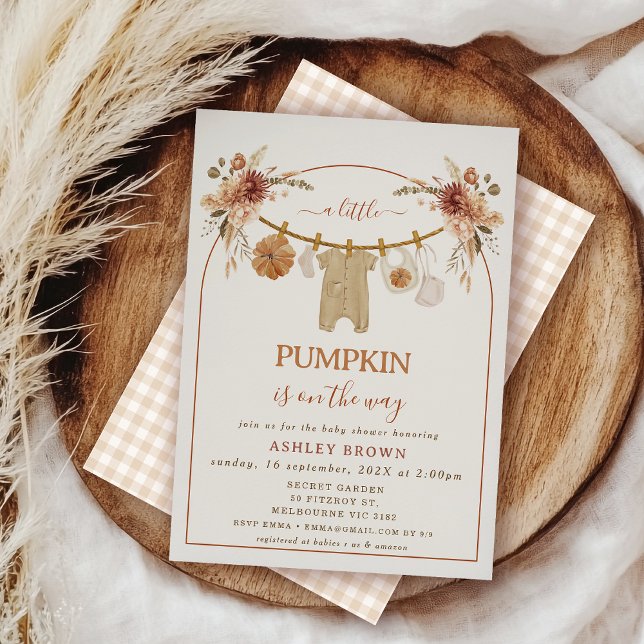 Moderne braune Arch Floral Clothesline Babydusche Einladung (Rustic Fall Baby Shower Invitation Template, Fall Baby Shower Invitation Clothesline, Autumn Baby)