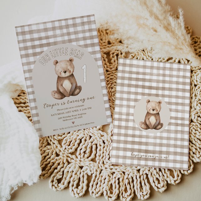 Moderne braune Arche Unser kleiner Bär 1. Geburtst Einladung (Our Little Bear 1st Birthday Invitation Template, Editable Bear Themed First Birthday Invite Boy,)
