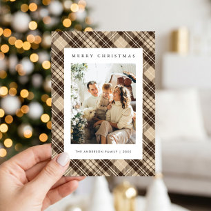 Moderne braune karierte Familienfoto-Weihnachten Feiertagskarte