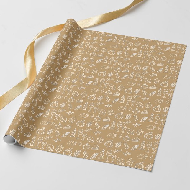 Moderne braune Niedlich Doodle-Muster Fall Ernteda Geschenkpapier (Modern Brown Cute Doodle Pattern Fall Thanksgiving Wrapping Paper)
