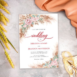 Moderne Brautrosen Pampasgras Florale Hochzeit Einladung