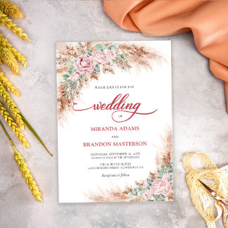 Moderne Brautrosen Pampasgras Florale Hochzeit Einladung