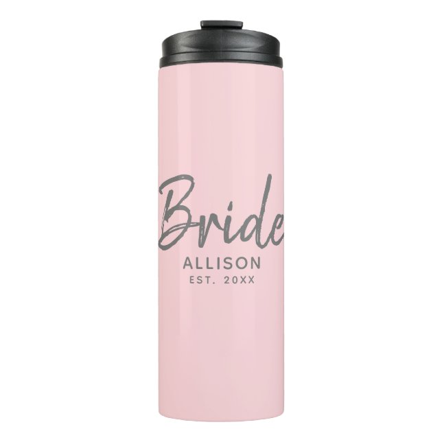 Moderne Bride Pink Graue Schrift Personalisierter  Thermosbecher (Vorderseite)