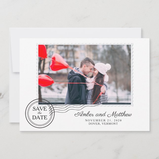 Moderne Briefmarke Hochzeit Foto Save the Date (Vorderseite)