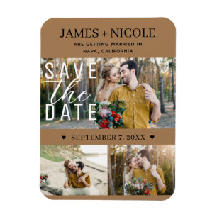 Moderne Brown Save-the-Date-Hochzeit 3 Fotos Magnet