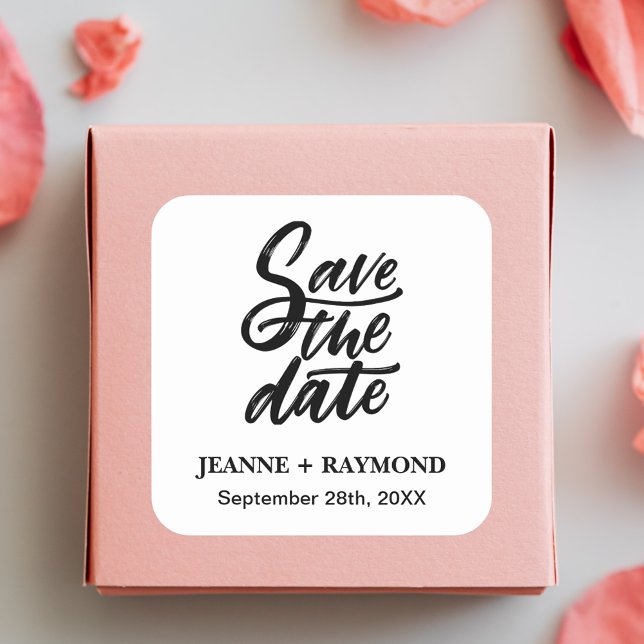 Moderne Brush Lettered Wedding Save the Date Quadratischer Aufkleber (Von Creator hochgeladen)