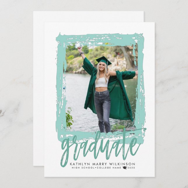 Moderne Brush Script Mint 2 Foto Graduation Party Einladung (Vorne/Hinten)