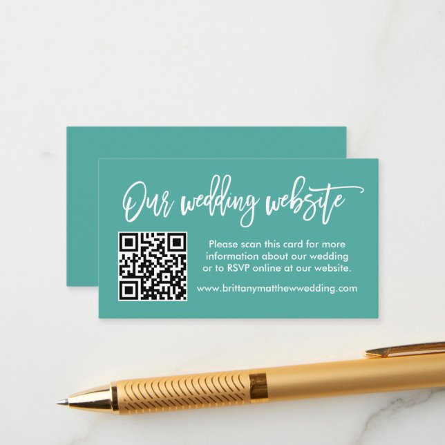 Moderne Brush Script Wedding Website QR Aquamarin Begleitkarte (Vorderseite/Rückseite Beispiel)