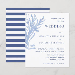 Moderne Budget Beach Hochzeitseinladungen Blue Whi
