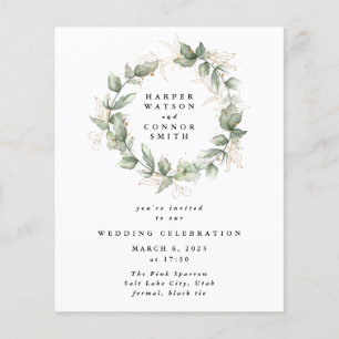 Moderne Budget Gold-Eukalyptus-Kranz-Hochzeit Flyer