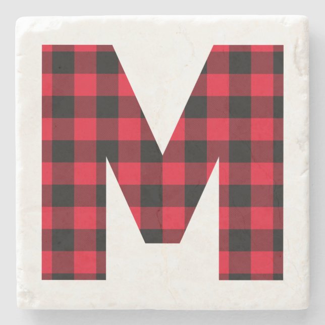Moderne Buffalo-Karo-M-Monogramm Steinuntersetzer (Vorderseite)