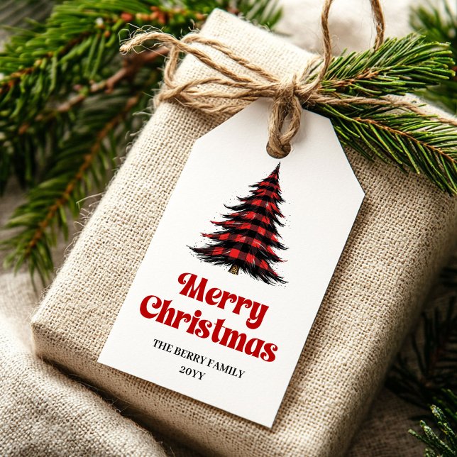 Moderne Büffel-Baum-Geschenkanhänger in rot-grünem Geschenkanhänger (Modern buffalo tree gift tag red green design

)