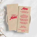Moderne bunt kühne Funky Retro Einzigartige Hochze Menükarte<br><div class="desc">Ein buntes Retro funky,  moderne pfirsichgelbe Dinner-Menü. Das elegante Template Design von boho Vintagen süß rosa Hintergrund und rot magenta fett Typografie .Perfect und passend zu der ganzen Suite.</div>