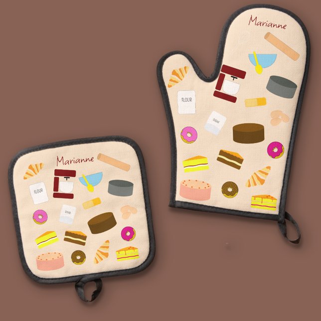 Moderne bunte Backwaren und Backwaren Ofenhandschuh & Topflappen-Set (oven mitt cream)