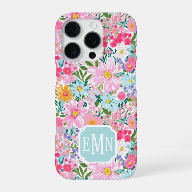 Moderne Bunte Blumen Garten Monogramm iPhone Hülle (Rückseite)