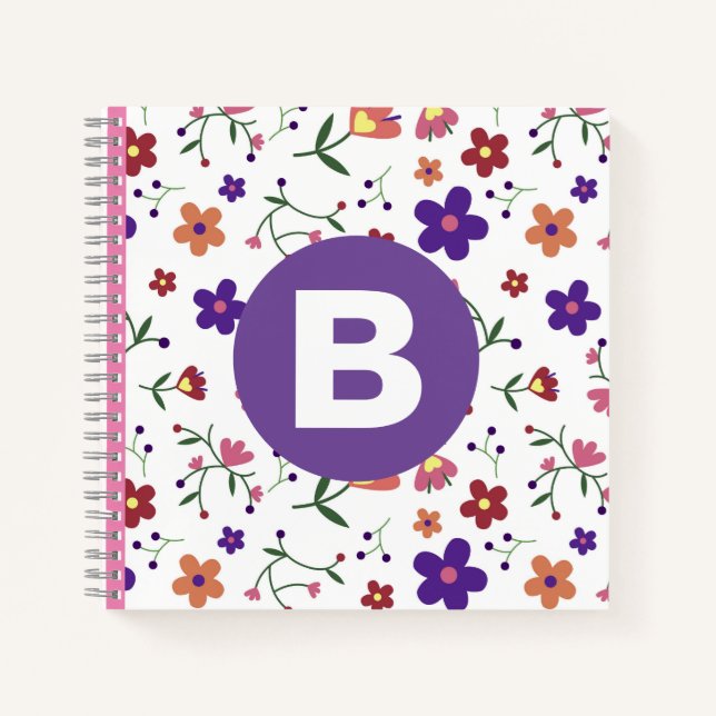 Moderne, bunte, florale, violette Monogramm Notizbuch (Vorderseite)