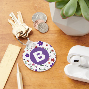 Moderne, bunte, florale, violette Monogramme Schlüsselanhänger