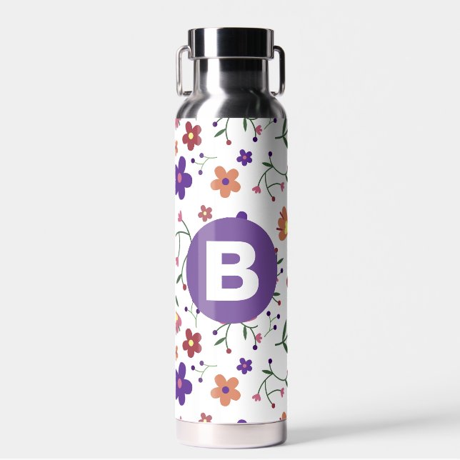 Moderne, bunte, florale, violette Monogramme Trinkflasche (Vorne)