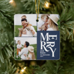 Moderne, bunte Marinetypografie mit mehreren Fotos Keramikornament<br><div class="desc">Farbenfrohe Vintage grafische marineblaue Typografie merry Chritsmas Multi-Foto Urlaubssornament Design. Teil einer kühnen Ferienkollektion.</div>