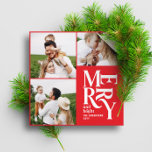 Moderne, bunte rote Typografie mit mehreren Fotos Feiertagskarte<br><div class="desc">Farbenfrohe Vintage grafische Typografie fröhlich chritsmas Multi-Foto-Urlaubskarten Design. Teil einer kühnen Ferienkollektion.</div>
