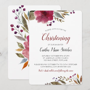 Moderne Burgund-Blume Taufe Christening Einladung