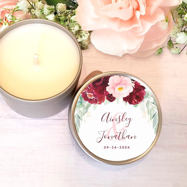 Moderne Burgund Blush Blumengrün Hochzeit Runder Aufkleber (Von Creator hochgeladen)