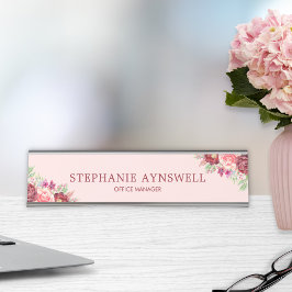 Moderne Burgund Blush Pink Floral Wasserfarbe Schreibtischnamensplakette