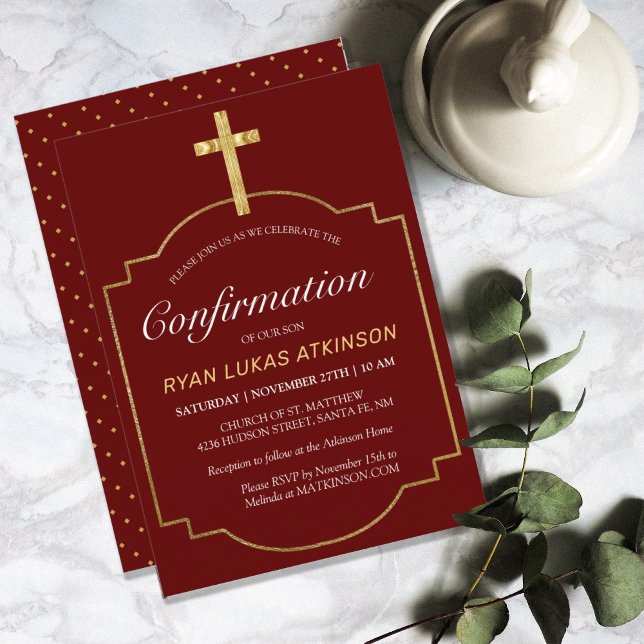 Moderne Burgund einfache Gold Cross Bestätigung Einladung (MODERN BURGUNDY SIMPLE GOLD CROSS CONFIRMATION INVITATION)