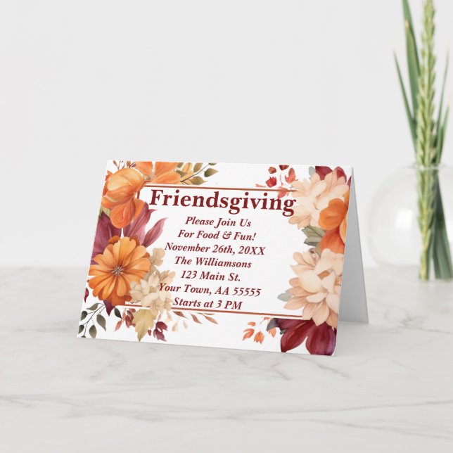 Moderne Burgund Floral Friendsgiving Einladung (Vorderseite)