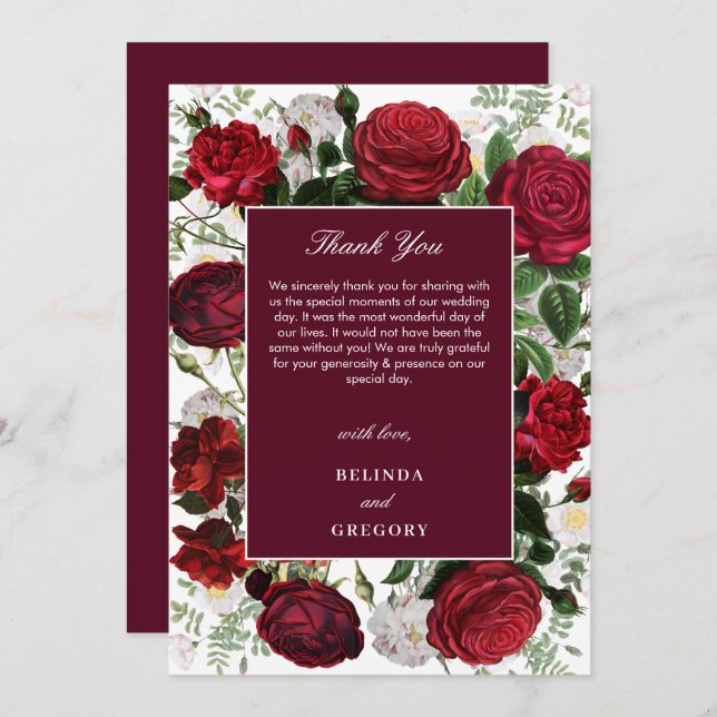 Moderne Burgund Floral Wasserfarbe Elegante Hochze Dankeskarte (Vorne/Hinten)