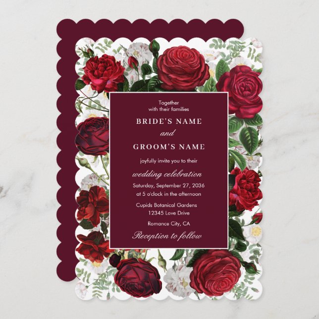 Moderne Burgund Floral Wasserfarbe Elegante Hochze Einladung (Vorne/Hinten)