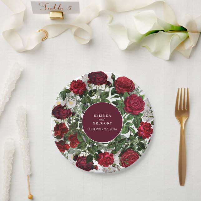 Moderne Burgund Floral Wasserfarbe Elegante Hochze Pappteller (Hochzeit)