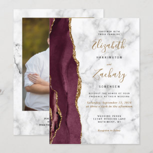 Moderne Burgund Gold Achat Marmor Foto Hochzeit Einladung